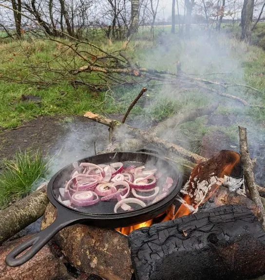 cooking food in a pot on a campfire